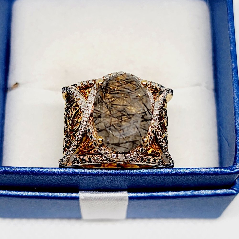 Natural Smoke Gray Rutile Quartz/ Dia accent fancy cocktail ring 7.5 cts sz 7.5